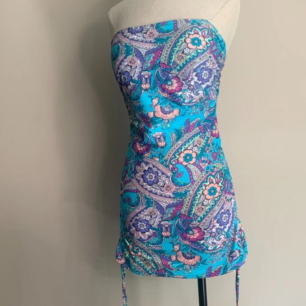 Gossip Girl Turquoise Paisley Drawstring Side Scrunch Swim Top Mini Dress Size L